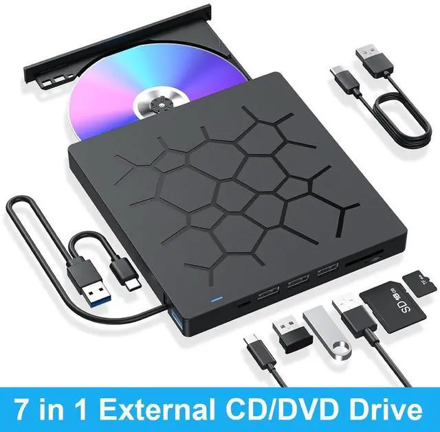 Main image of External CD/DVD Drive for Laptop, 7 IN 1 USB 3.0 Type C Portable DVD Player, CD ROM Burner Writer, External Disk Drive, Optical Drive Compatible with Laptop, PC, MacBook, Windows, Mac, Linux OS