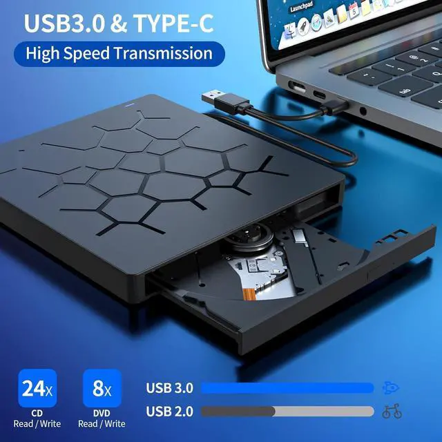Alt view image 3 of 7 - External CD/DVD Drive for Laptop, 7 IN 1 USB 3.0 Type C Portable DVD Player, CD ROM Burner Writer, External Disk Drive, Optical Drive Compatible with Laptop, PC, MacBook, Windows, Mac, Linux OS