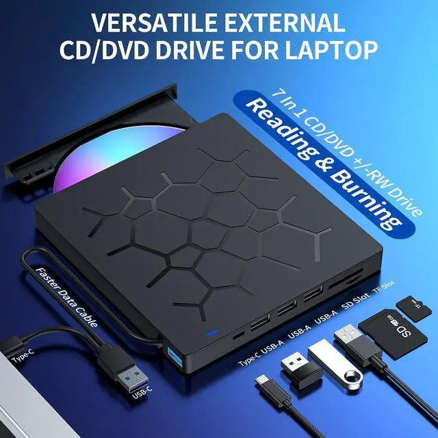 Alt view image 2 of 7 - External CD/DVD Drive for Laptop, 7 IN 1 USB 3.0 Type C Portable DVD Player, CD ROM Burner Writer, External Disk Drive, Optical Drive Compatible with Laptop, PC, MacBook, Windows, Mac, Linux OS