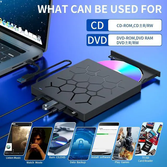 Alt view image 5 of 7 - External CD/DVD Drive for Laptop, 7 IN 1 USB 3.0 Type C Portable DVD Player, CD ROM Burner Writer, External Disk Drive, Optical Drive Compatible with Laptop, PC, MacBook, Windows, Mac, Linux OS