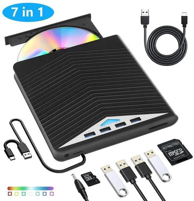Main image of 7 in 1 External CD DVD Drive - External CD/DVD Drive for Laptop, USB 3.0 and Type-C Portable CD DVD +/-Rw Drive Reader, DVD/CD ROM Burner Rewriter for Laptop PC Windows 11/10/8.1/7/Linux, MacOS
