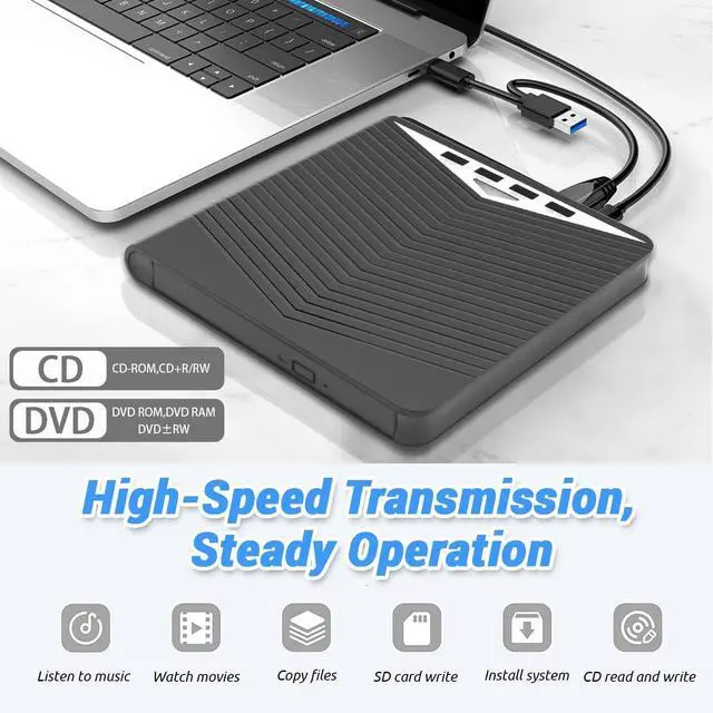Alt view image 2 of 7 - 7 in 1 External CD DVD Drive - External CD/DVD Drive for Laptop, USB 3.0 and Type-C Portable CD DVD +/-Rw Drive Reader, DVD/CD ROM Burner Rewriter for Laptop PC Windows 11/10/8.1/7/Linux, MacOS
