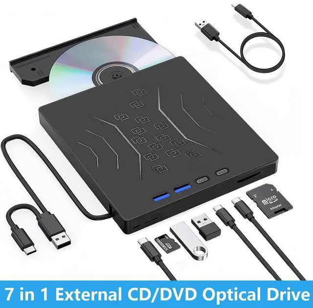 Main image of USB 3.0 & USB C 7 in 1 External CD DVD Drive, Portable CD/DVD +/-RW Burner for Laptop & Desktop - Plug & Play, Ultra Slim Design, Fast Burning, Compatible with Windows 11/10/8/7, Mac OS, Linux