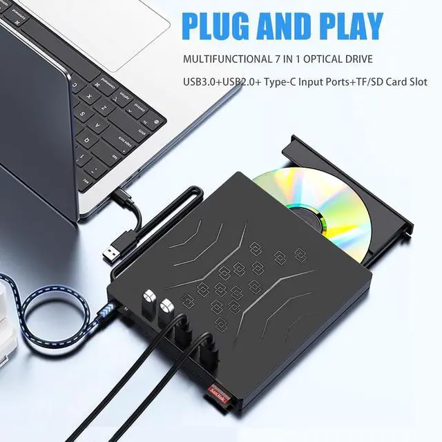Alt view image 2 of 6 - USB 3.0 & USB C 7 in 1 External CD DVD Drive, Portable CD/DVD +/-RW Burner for Laptop & Desktop - Plug & Play, Ultra Slim Design, Fast Burning, Compatible with Windows 11/10/8/7, Mac OS, Linux