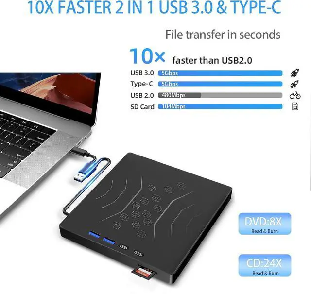 Alt view image 3 of 6 - USB 3.0 & USB C 7 in 1 External CD DVD Drive, Portable CD/DVD +/-RW Burner for Laptop & Desktop - Plug & Play, Ultra Slim Design, Fast Burning, Compatible with Windows 11/10/8/7, Mac OS, Linux
