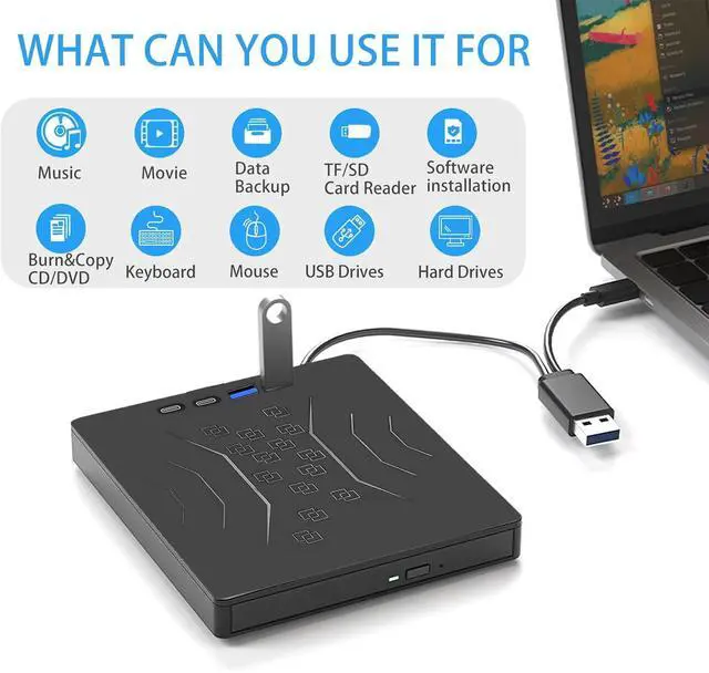 Alt view image 4 of 6 - USB 3.0 & USB C 7 in 1 External CD DVD Drive, Portable CD/DVD +/-RW Burner for Laptop & Desktop - Plug & Play, Ultra Slim Design, Fast Burning, Compatible with Windows 11/10/8/7, Mac OS, Linux