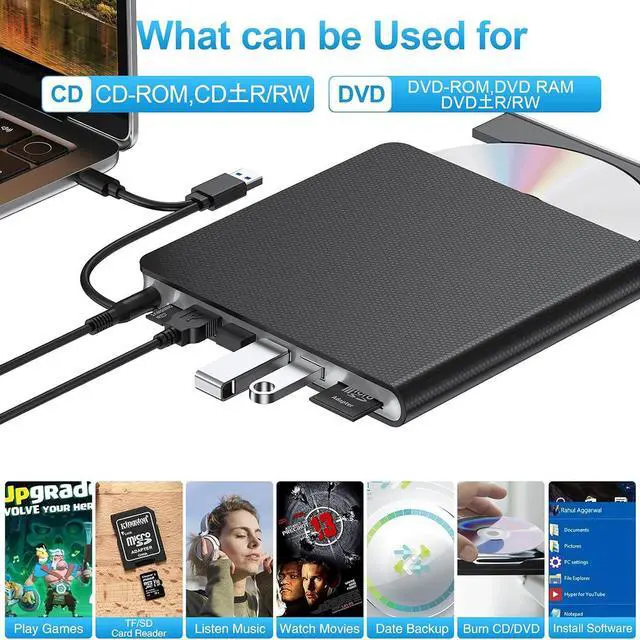 Alt view image 3 of 7 - External CD DVD Drive, 7-in-1 USB 3.0 & Type-C DVD Drive External with 4 USB Ports & SD/TF, DVD RW Burner External CD Drive for Laptop, Desktop, Mac-Book, Windows 11/10/8/7/XP/Linux/Vista/Mac