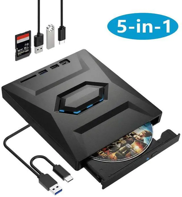 Main image of External CD DVD drive, 5-in-1 Multifunctional USB 3.0 Type C External DVD Drive, with SD/TF card reader & 3 USB Ports, External DVD Burner for PC Laptop MacBook Windows11/10/8/7/XP Linux Mac OS
