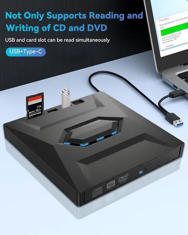 Alt view image 4 of 7 - External CD DVD drive, 5-in-1 Multifunctional USB 3.0 Type C External DVD Drive, with SD/TF card reader & 3 USB Ports, External DVD Burner for PC Laptop MacBook Windows11/10/8/7/XP Linux Mac OS