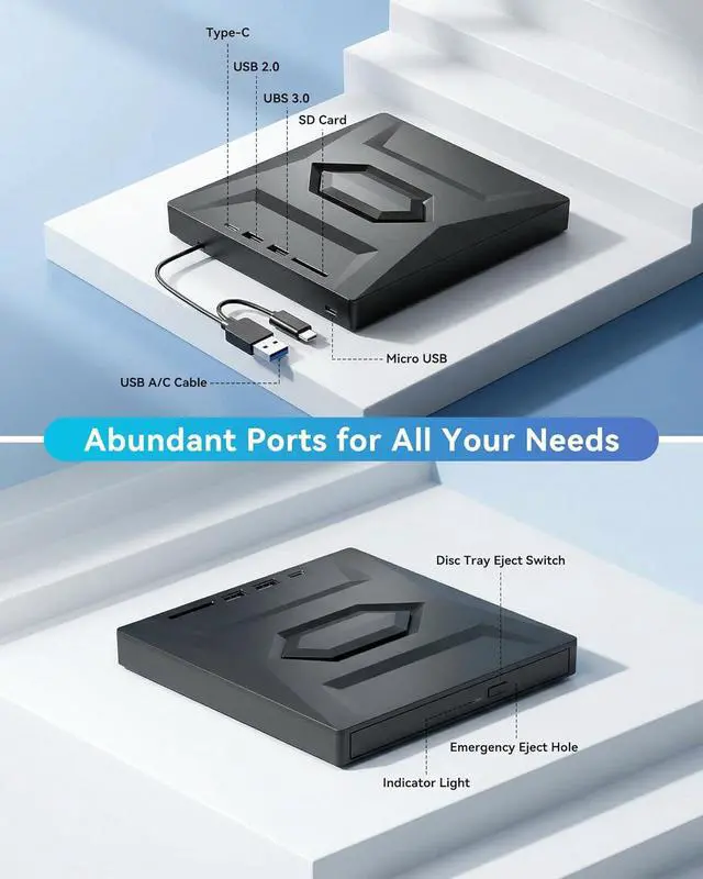 Alt view image 6 of 7 - External CD DVD drive, 5-in-1 Multifunctional USB 3.0 Type C External DVD Drive, with SD/TF card reader & 3 USB Ports, External DVD Burner for PC Laptop MacBook Windows11/10/8/7/XP Linux Mac OS