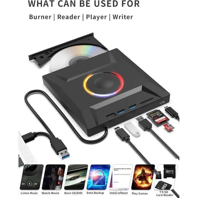 Alt view image 3 of 7 - 6 in 1 External DVD Drive, USB 3.0 & Type-C CD Burner Player with 3 USB Ports and 2 TF/SD Card Slots, Portable Slim Optical Disk Drive, External CD/DVD Drive for Laptops PC Windows Linux MacOS