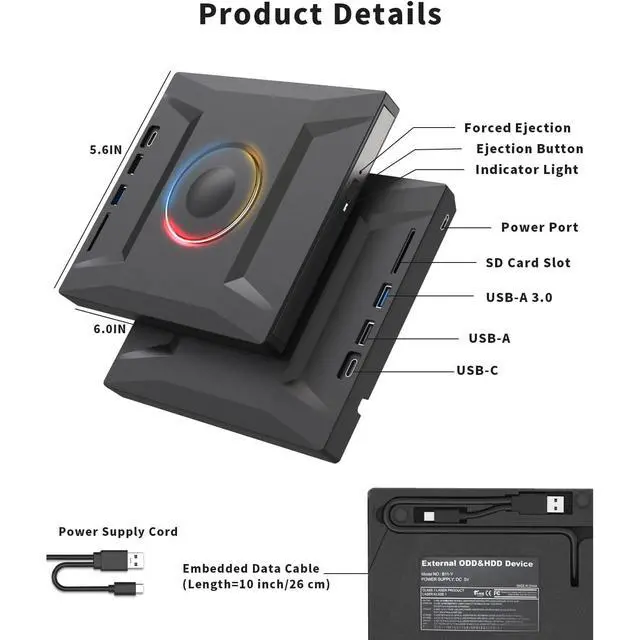 Alt view image 7 of 7 - 6 in 1 External DVD Drive, USB 3.0 & Type-C CD Burner Player with 3 USB Ports and 2 TF/SD Card Slots, Portable Slim Optical Disk Drive, External CD/DVD Drive for Laptops PC Windows Linux MacOS