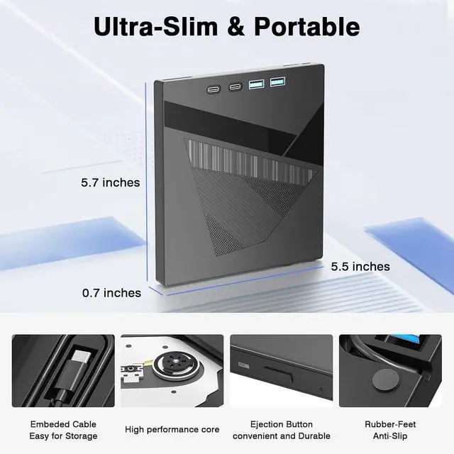 Alt view image 6 of 7 - 7-in-1 External CD/DVD Drive for Laptop, USB 3.0 & Type-C DVD Player for Laptop Desktop with SD Card Reader Portable DVD/CD Drive for PC,CD Burner Compatible with Windows XP/7/8/10, Linux MacOS