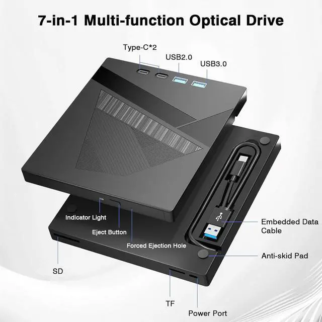 Alt view image 2 of 7 - 7-in-1 External CD/DVD Drive for Laptop, USB 3.0 & Type-C DVD Player for Laptop Desktop with SD Card Reader Portable DVD/CD Drive for PC,CD Burner Compatible with Windows XP/7/8/10, Linux MacOS