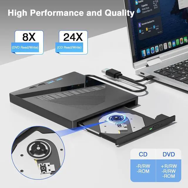 Alt view image 4 of 7 - 7-in-1 External CD/DVD Drive for Laptop, USB 3.0 & Type-C DVD Player for Laptop Desktop with SD Card Reader Portable DVD/CD Drive for PC,CD Burner Compatible with Windows XP/7/8/10, Linux MacOS
