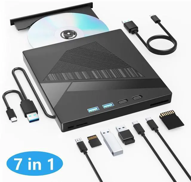 Main image of 7-in-1 External CD/DVD Drive for Laptop, USB 3.0 & Type-C DVD Player for Laptop Desktop with SD Card Reader Portable DVD/CD Drive for PC,CD Burner Compatible with Windows XP/7/8/10, Linux MacOS