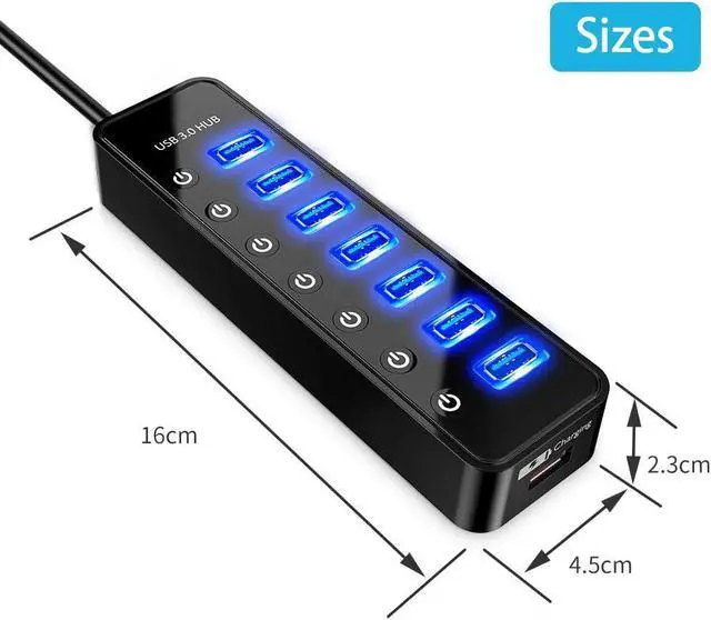 Alt view image 6 of 6 - WRIARICH Powered USB Hub 3.0, 7-Port USB Data Hub Splitter with One Smart Charging Port and Individual On/Off Switches and 5V/4A Power Adapter, USB 3.0 Hub for MacBook, Mac Pro/Mini and More