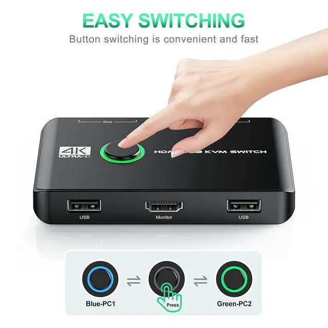 Alt view image 5 of 7 - 4K HDMI USB KVM Switch 2 Port Box, USB HDMI-Compatible Switches for 2 Computers Share Keyboard Mouse Printer and one HD Monitor, Support 4K @60Hz, with 2 USB Cables and 2 HDMI-Compatible Cables