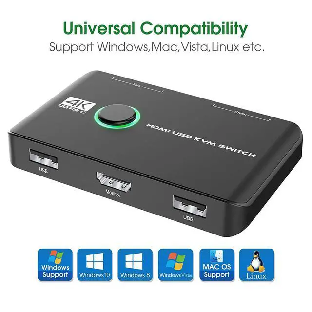 Alt view image 6 of 7 - 4K HDMI USB KVM Switch 2 Port Box, USB HDMI-Compatible Switches for 2 Computers Share Keyboard Mouse Printer and one HD Monitor, Support 4K @60Hz, with 2 USB Cables and 2 HDMI-Compatible Cables