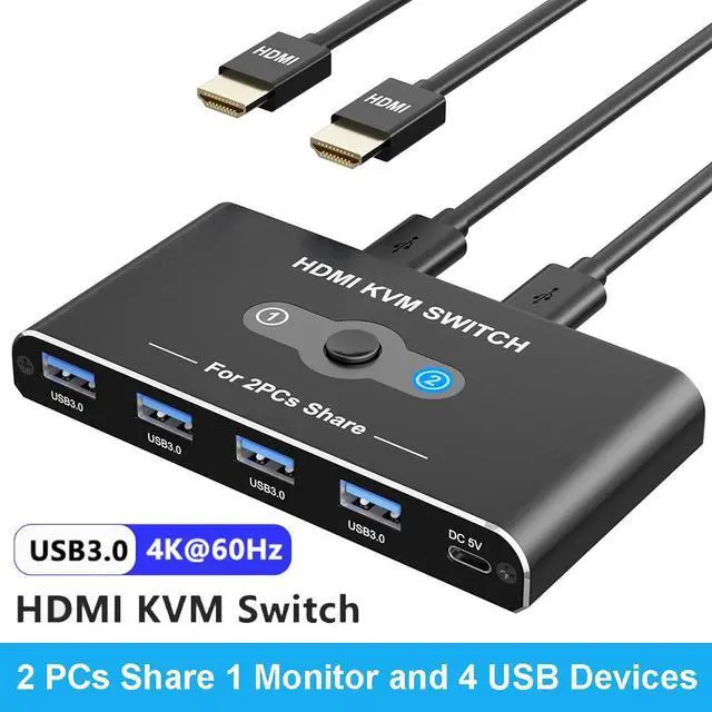 Main image of 2 Port HDMI KVM Switch 4K@60Hz, 2 in 1 Out HDMI USB KVM Switches with 4 USB 3.0 Ports, KVM Switch 2 PCs 1 Monitor Share Mouse, Keyboard, Printer, Include 2 HD-MI cables, 2 USB-A & 1 USB-C Cable