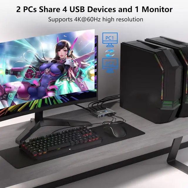 Alt view image 3 of 7 - 2 Port HDMI KVM Switch 4K@60Hz, 2 in 1 Out HDMI USB KVM Switches with 4 USB 3.0 Ports, KVM Switch 2 PCs 1 Monitor Share Mouse, Keyboard, Printer, Include 2 HD-MI cables, 2 USB-A & 1 USB-C Cable