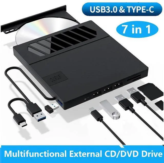 Main image of WRIARICH External CD DVD Drive, 7 in 1 USB 3.0 Type-C DVD Drive, Portable External DVD Burner, External CD/DVD Optical Drive with SD/TF Card Reader & 4 USB A Ports for Linux/Mac OS/Windows 7/8/10/11