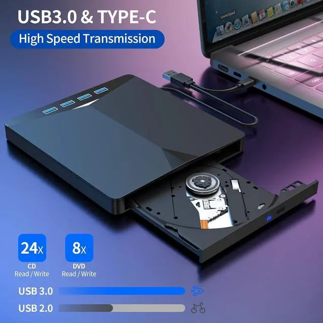 Alt view image 3 of 7 - WRIARICH External CD/DVD Drive for Laptop, 7 in 1 USB 3.0 & Type C DVD Player Portable DVD/CD Burner, ROM CD External DVD Drive for Laptop Compatible with Laptop Desktop PC Windows MacOS