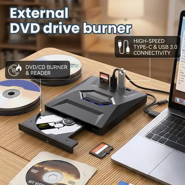 Alt view image 6 of 7 - 5-in-1 External DVD Drive USB 3.0 & Type-C, Portable DVD-RW/CD Writer Reader with USB Hub & SD/TF Card Reader, Plug & Play External Optical CD/DVD Drive for Laptop Desktop Windows, Linux, MacOS