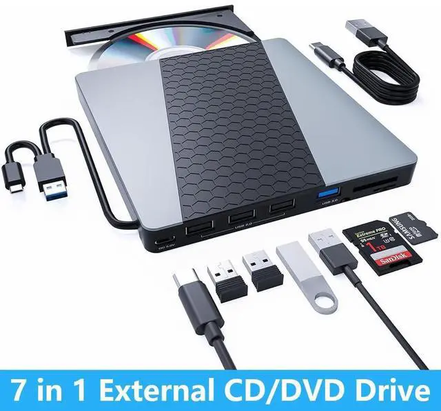 Main image of WRIARICH External CD DVD Drive, USB3.0/USB C Portable CD/DVD Player with SD/TF Slot, 1 USB 3.0 & 4 USB 2.0 Ports, CD ROM Burner Optical Drive Compatible with Windows 11/10/8.1/8/7/vista,Linux,MacOS