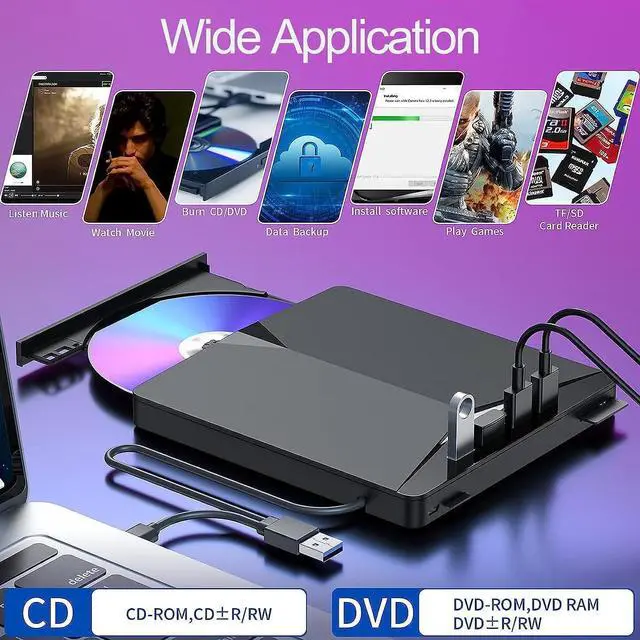 Alt view image 4 of 7 - 7-in-1 External CD DVD Drive for Laptop, USB 3.0 Type C CD DVD Player Burner with Card Reader 4 USB Ports Hub, Portable Slim CD DVD ROM for Desktop PC Compatible with Windows 11/10/8/7 Linux MacOS