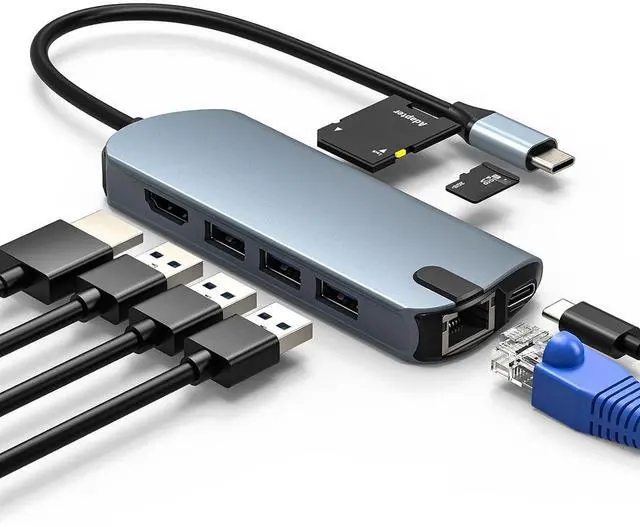 Main image of 8-in-1 USB C Hub Ethernet Adapter with 4K@60Hz HDMI, 100W PD Charging, 3X USB 3.0 Ports, 1Gbps RJ45, SD/TF Card Reader, USB C Adapters Compatible with MacBook Pro/Air, iPad Pro and More Laptops