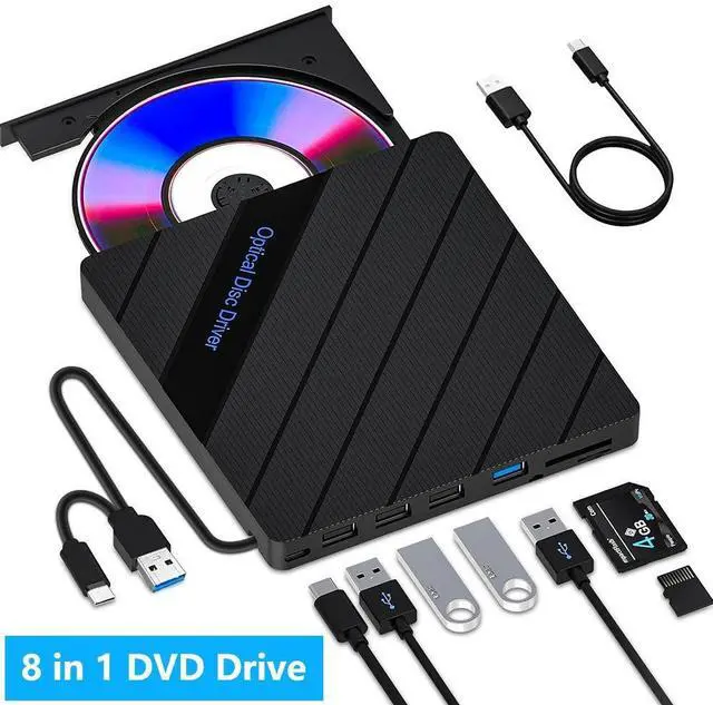 Main image of 8-in-1 External CD DVD Drive for Laptop, USB 3.0 Type-C Slim Portable Player CD DVD RW Burner Writer Reader with SD/TF Slot & 4 USB Ports, Optical Disk Drive for Windows11/10/Mac OS/Vista/Linux