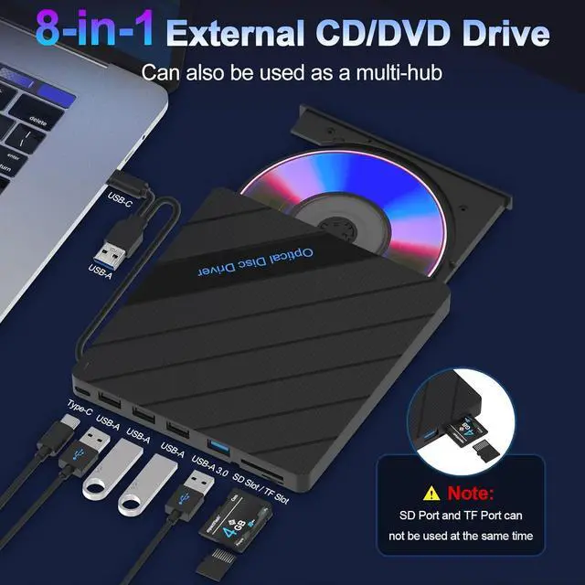 Alt view image 2 of 7 - 8-in-1 External CD DVD Drive for Laptop, USB 3.0 Type-C Slim Portable Player CD DVD RW Burner Writer Reader with SD/TF Slot & 4 USB Ports, Optical Disk Drive for Windows11/10/Mac OS/Vista/Linux