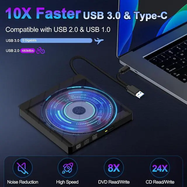 Alt view image 3 of 7 - 8-in-1 External CD DVD Drive for Laptop, USB 3.0 Type-C Slim Portable Player CD DVD RW Burner Writer Reader with SD/TF Slot & 4 USB Ports, Optical Disk Drive for Windows11/10/Mac OS/Vista/Linux