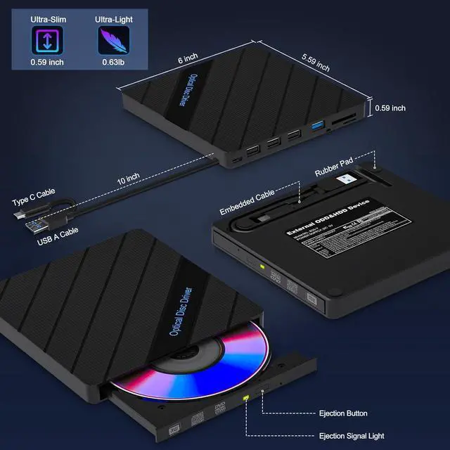 Alt view image 7 of 7 - 8-in-1 External CD DVD Drive for Laptop, USB 3.0 Type-C Slim Portable Player CD DVD RW Burner Writer Reader with SD/TF Slot & 4 USB Ports, Optical Disk Drive for Windows11/10/Mac OS/Vista/Linux