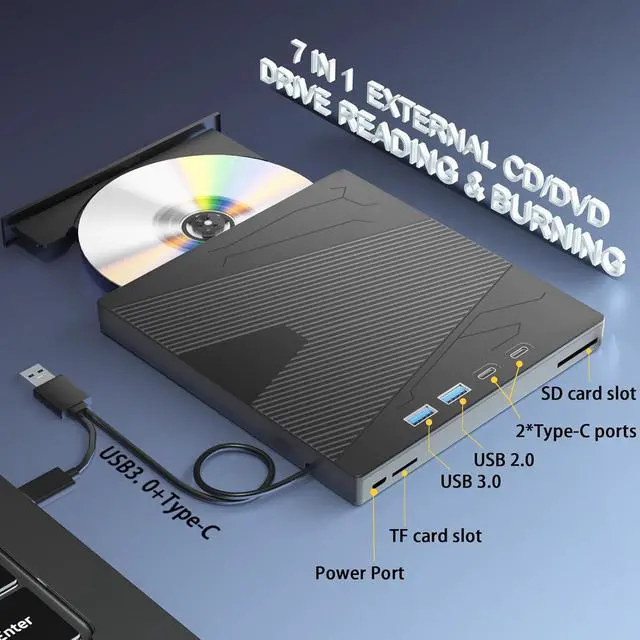 Alt view image 4 of 7 - External CD DVD Drive, 7 in 1 Portable CD/DVD Drives +/-RW Optical Drive with SD/TF Card Reader USB 3.0 &USB-C CD Burner Compatible with Laptop Desktop PC Windows 7/8/10/11/XP Mac Pro/Air Linux