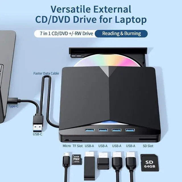 Alt view image 2 of 7 - External CD/DVD Drive for Laptop, 7-in-1 Portable DVD Player for Laptop, USB 3.0 Type C External CD DVD Burner with SD/TF Card Reader & 4-Port USB Hub, Compatible with Windows, Mac OS, Linux