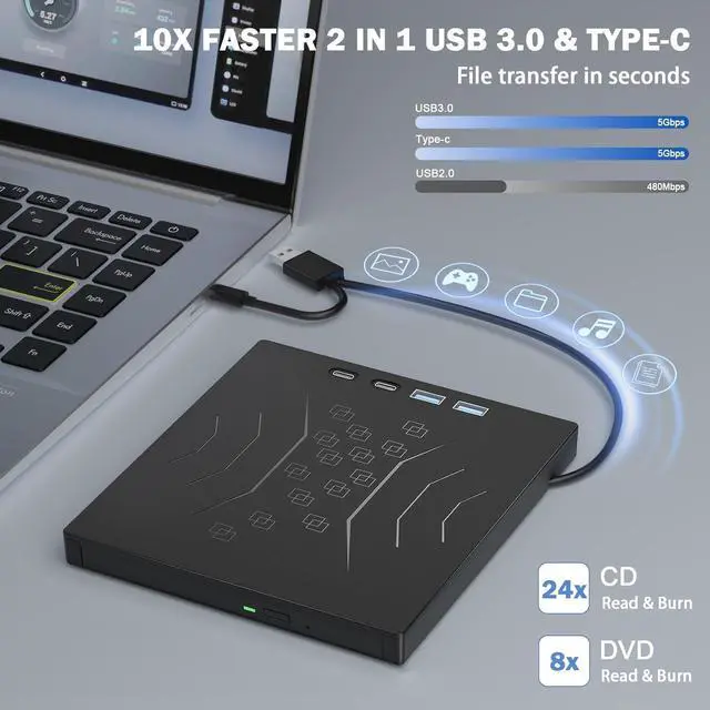 Alt view image 4 of 7 - 7 in 1 External DVD Drive, External CD/DVD Drive for Laptop USB 3.0 & Type-C, Portable CD/DVD +/-RW Disk Drive, CD/DVD Burner CD ROM External Drive for Laptop PC Windows 7/8/10/XP Mac Linux OS