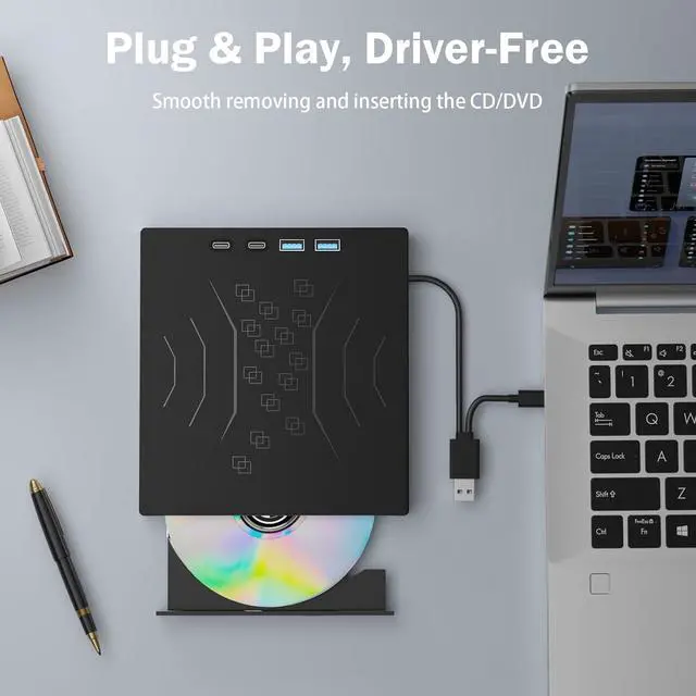 Alt view image 7 of 7 - 7 in 1 External DVD Drive, External CD/DVD Drive for Laptop USB 3.0 & Type-C, Portable CD/DVD +/-RW Disk Drive, CD/DVD Burner CD ROM External Drive for Laptop PC Windows 7/8/10/XP Mac Linux OS