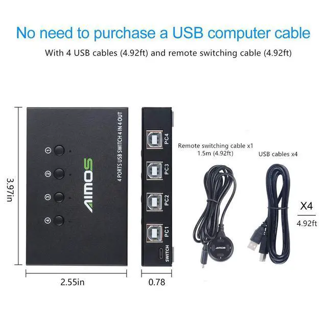 Alt view image 4 of 7 - WRIARICH USB Switch Selector 4 Port, USB KVM Switcher 4 Computers Sharing 4 USB Devices One-Button Swapping, for Share Mouse, Keyboard, Printer, Scanner, with 4 USB Cables