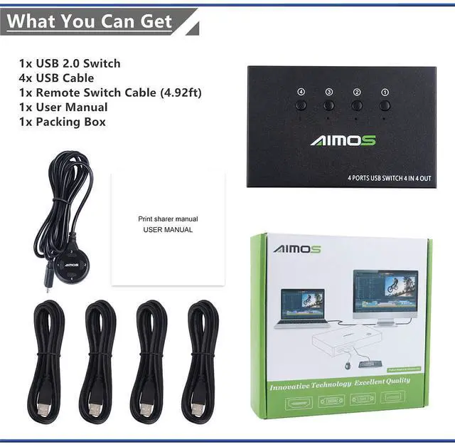 Alt view image 7 of 7 - WRIARICH USB Switch Selector 4 Port, USB KVM Switcher 4 Computers Sharing 4 USB Devices One-Button Swapping, for Share Mouse, Keyboard, Printer, Scanner, with 4 USB Cables