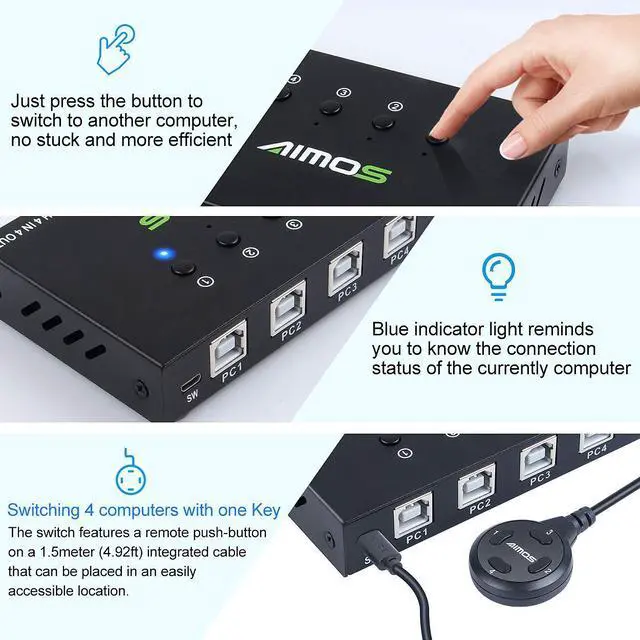 Alt view image 3 of 7 - WRIARICH USB Switch Selector 4 Port, USB KVM Switcher 4 Computers Sharing 4 USB Devices One-Button Swapping, for Share Mouse, Keyboard, Printer, Scanner, with 4 USB Cables