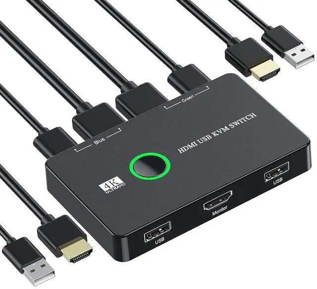 Main image of WRIARICH 2 Port HDMI KVM Switch 2 in 1 Out, USB KVM Switch for 2 Computers Sharing One HD Monitor and Keyboard Mouse, Support 4K @60Hz with 2 USB Cable and 2 HD-MI Cable