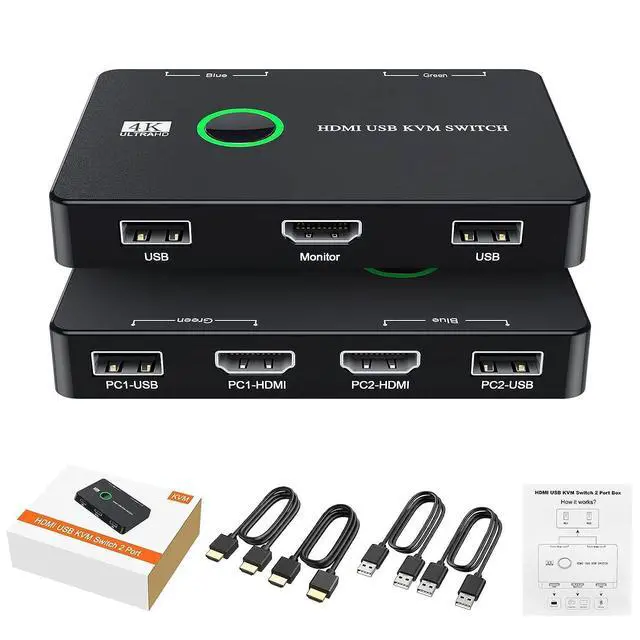 Alt view image 7 of 7 - WRIARICH 2 Port HDMI KVM Switch 2 in 1 Out, USB KVM Switch for 2 Computers Sharing One HD Monitor and Keyboard Mouse, Support 4K @60Hz with 2 USB Cable and 2 HD-MI Cable