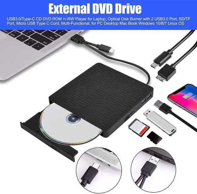 Alt view image 3 of 7 - External DVD Drive, USB3.0/Type-C DVD CD ROM +/-RW Player for Laptop, Optical Disk Burner with Hub, 2 USB 3.0 Port, SD/TF Port, Micro USB Type C Cord for PC Desktop Mac Book Windows 10/8/7 Linux OS