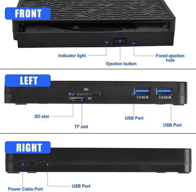 Alt view image 6 of 7 - External DVD Drive, USB3.0/Type-C DVD CD ROM +/-RW Player for Laptop, Optical Disk Burner with Hub, 2 USB 3.0 Port, SD/TF Port, Micro USB Type C Cord for PC Desktop Mac Book Windows 10/8/7 Linux OS