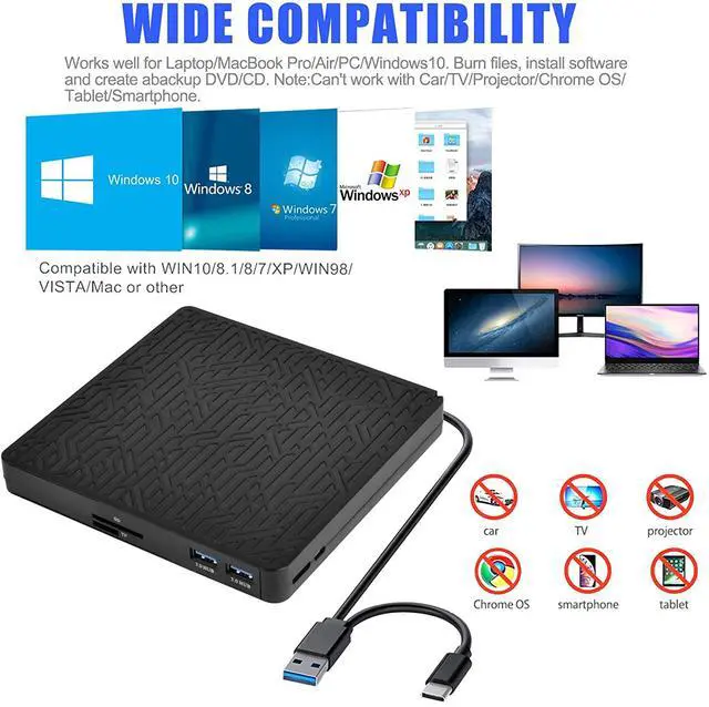 Alt view image 7 of 7 - External DVD Drive, USB3.0/Type-C DVD CD ROM +/-RW Player for Laptop, Optical Disk Burner with Hub, 2 USB 3.0 Port, SD/TF Port, Micro USB Type C Cord for PC Desktop Mac Book Windows 10/8/7 Linux OS
