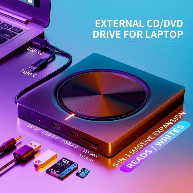 Alt view image 2 of 7 - External CD/DVD Drive for Laptop, 5 in 1 Portable DVD Player DVD Reader Writer ROM Drive, USB 3.0 CD Burner External Disk Drive Compatible with Laptop Desktop,Windows 11/10/8/7 Linux MacOS