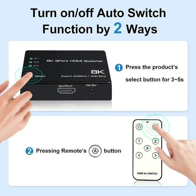 Alt view image 5 of 7 - WRIARICH HDMI 2.1 Switch 3 in 1 Out, 8K@60Hz 4K@120Hz HDMI Switcher 3 Port, 8K HDMI Auto Switch 3x1 Selector with IR Remote for Xbox,PS5,PS4,UHD TV, Support 48Gbps, HDCP 2.3,HDR 10+, 1080P@240Hz