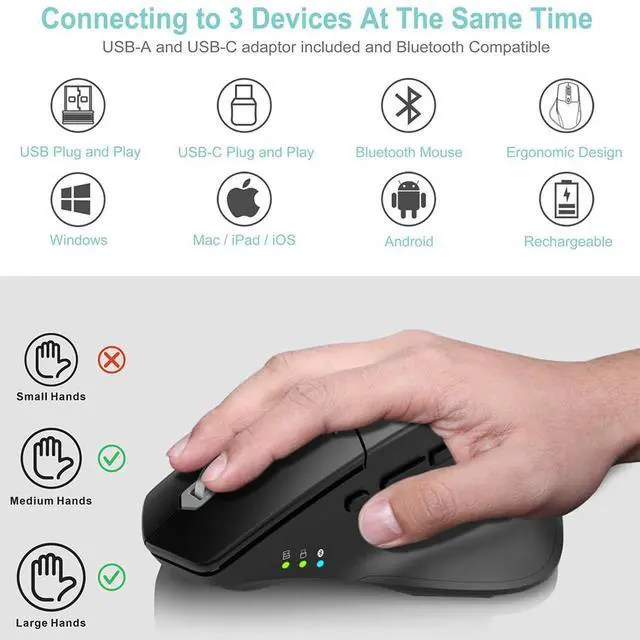 Alt view image 2 of 7 - Multi-Device Wireless Bluetooth Mouse with Nano USB-A, USB-C Receiver Ergonomic Right Hand Silent Clicking Rechargeable Mouse for Computer Desktop PC Laptop Mac iPad and Windows 11/10 iPad OS